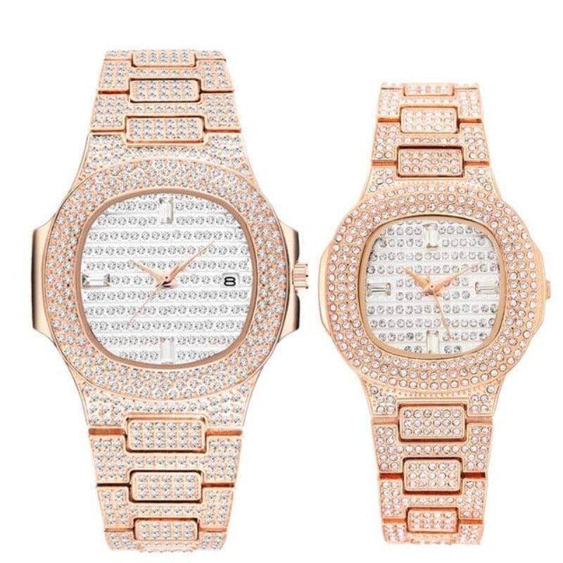 Top Luxury Brand Fashion 18K Gold Full Diamond Decorated Women's Men's Quartz Waterproof Ice Out Couple Watch Set - Samuels Jewelers