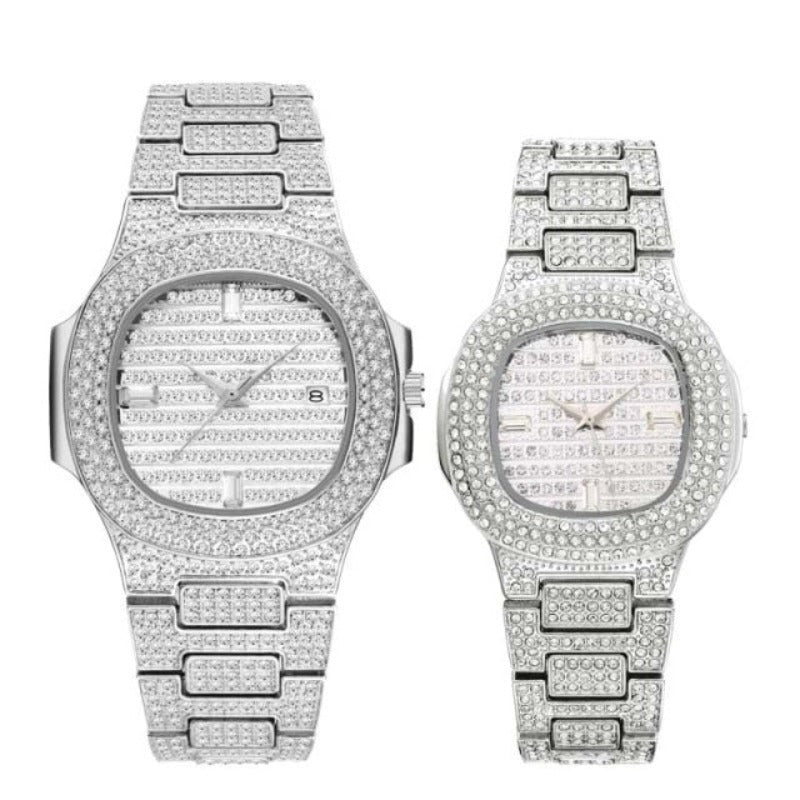Top Luxury Brand Fashion 18K Gold Full Diamond Decorated Women's Men's Quartz Waterproof Ice Out Couple Watch Set - Samuels Jewelers