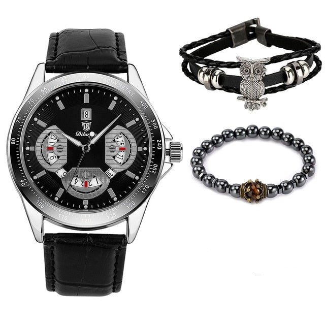 Elastic Bead Bracelet Braided Leather Chain Calendar Wristwatch - Samuels Jewelers