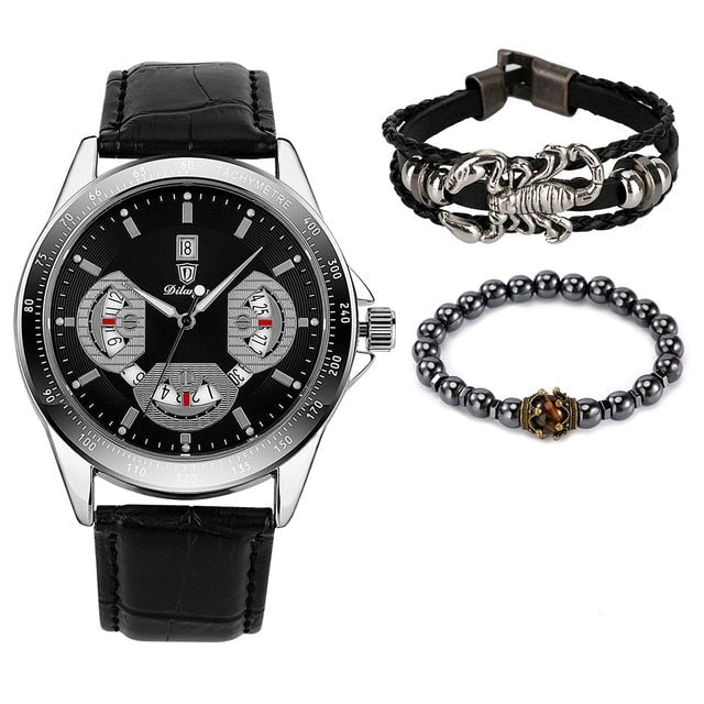Elastic Bead Bracelet Braided Leather Chain Calendar Wristwatch - Samuels Jewelers