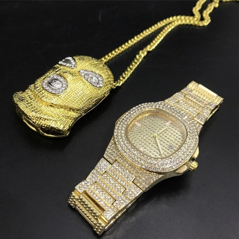 Luxury Combo Set Watch Necklace Chain Ice Out Cuban Hip Hop Jewelry - Samuels Jewelers