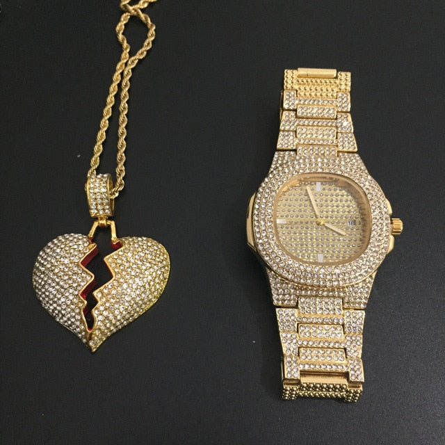 Luxury Combo Set Watch Necklace Chain Ice Out Cuban Hip Hop Jewelry - Samuels Jewelers