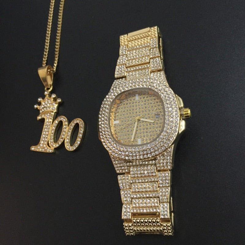 Luxury Combo Set Watch Necklace Chain Ice Out Cuban Hip Hop Jewelry - Samuels Jewelers