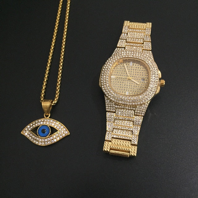 Luxury Combo Set Watch Necklace Chain Ice Out Cuban Hip Hop Jewelry - Samuels Jewelers