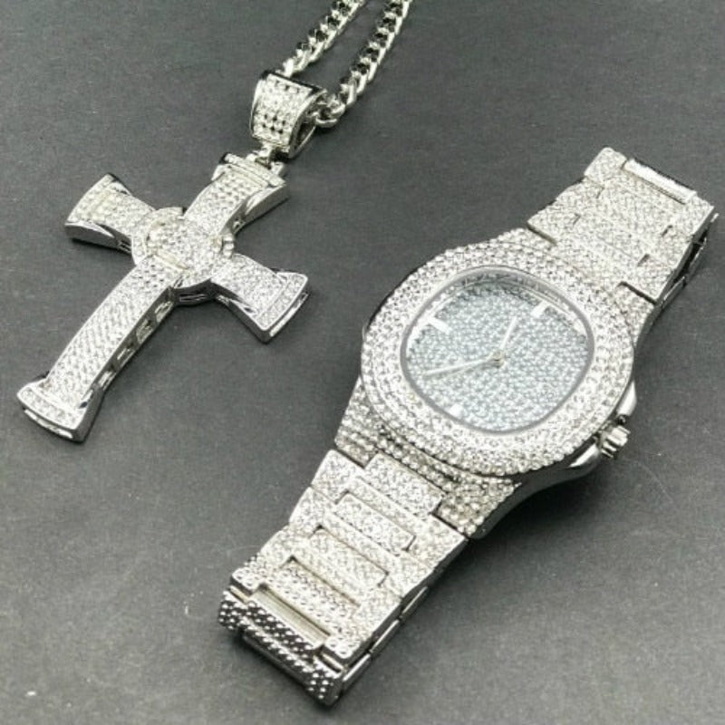 Luxury Combo Set Watch Necklace Chain Ice Out Cuban Hip Hop Jewelry - Samuels Jewelers