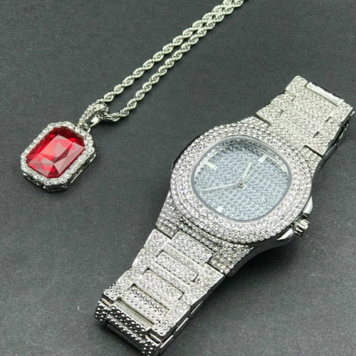 Luxury Combo Set Watch Necklace Chain Ice Out Cuban Hip Hop Jewelry - Samuels Jewelers