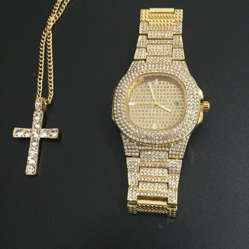 Luxury Combo Set Watch Necklace Chain Ice Out Cuban Hip Hop Jewelry - Samuels Jewelers
