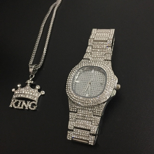 Luxury Combo Set Watch Necklace Chain Ice Out Cuban Hip Hop Jewelry - Samuels Jewelers