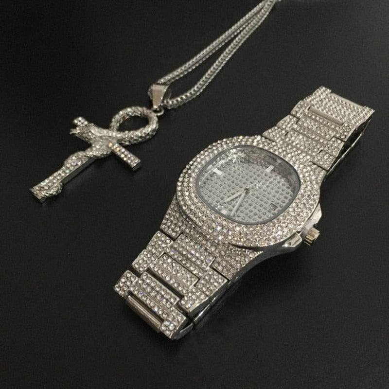 Luxury Combo Set Watch Necklace Chain Ice Out Cuban Hip Hop Jewelry - Samuels Jewelers