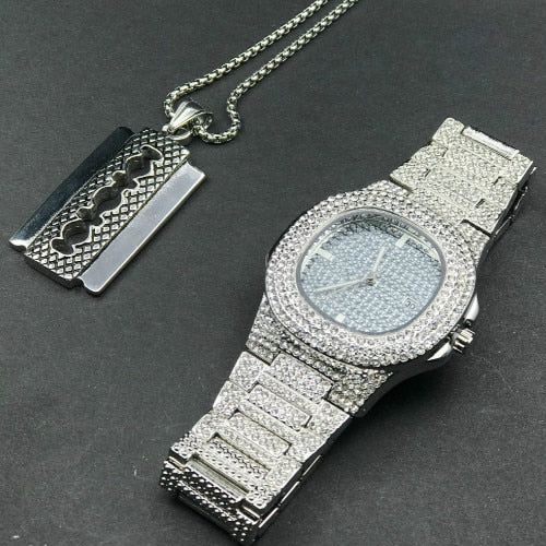 Luxury Combo Set Watch Necklace Chain Ice Out Cuban Hip Hop Jewelry - Samuels Jewelers