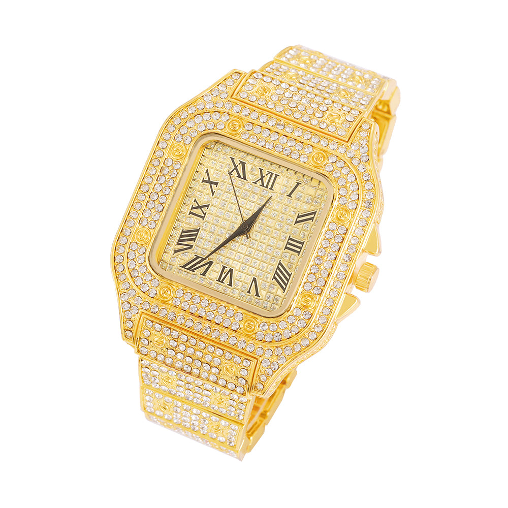 Men's Rhinestone Square Big Dial Hip Hop Watch Chain Bracelet Set - Samuels Jewelers