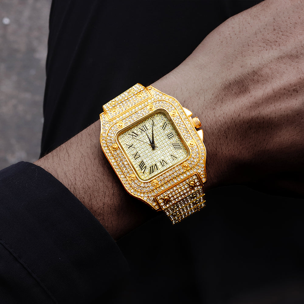 Men's Rhinestone Square Big Dial Hip Hop Watch Chain Bracelet Set - Samuels Jewelers