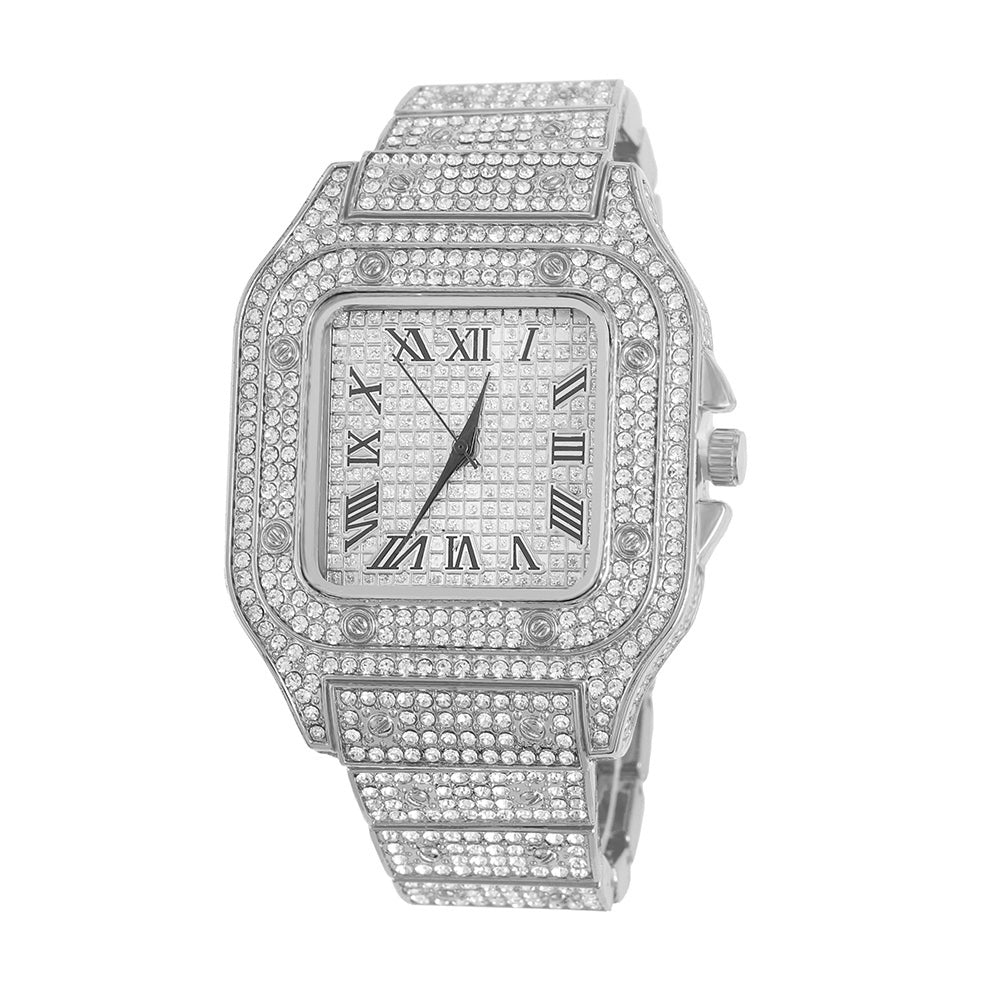 Men's Rhinestone Square Big Dial Hip Hop Watch Chain Bracelet Set - Samuels Jewelers