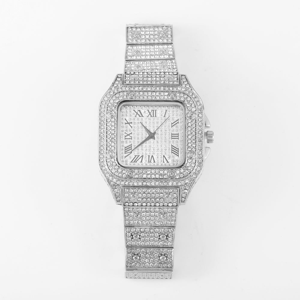 Men's Rhinestone Square Big Dial Hip Hop Watch Chain Bracelet Set - Samuels Jewelers