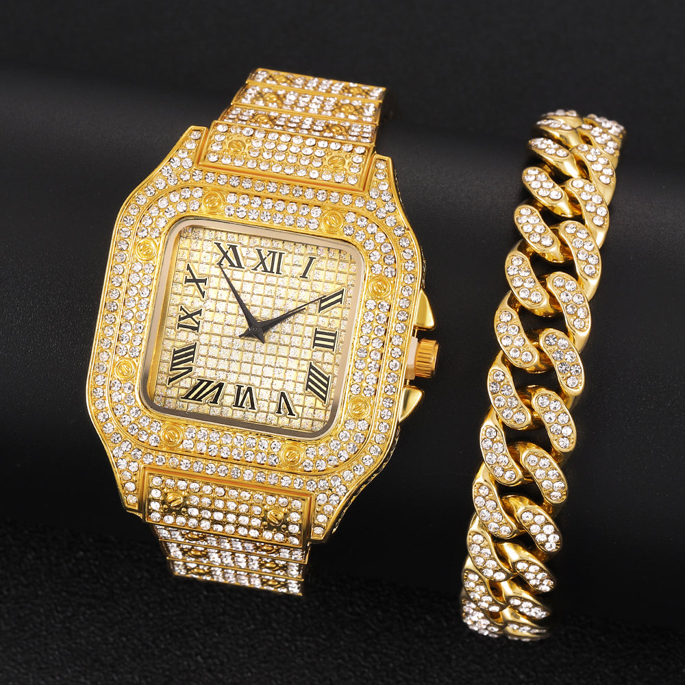 Men's Rhinestone Square Big Dial Hip Hop Watch Chain Bracelet Set - Samuels Jewelers