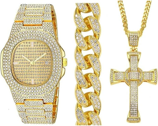 Luxury Men Gold Silver Color Watch Hip Hop Watch & Bracelet & Necklace Combo Set Ice Out Cuban Watch Hip Hop - Samuels Jewelers