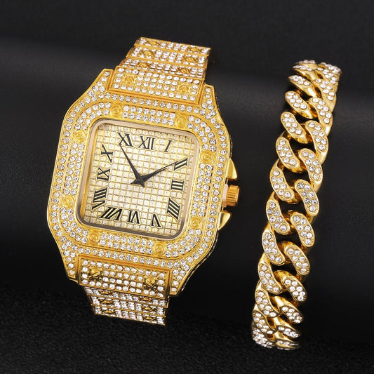 Men's Rhinestone Square Big Dial Hip Hop Watch Chain Bracelet Set - Samuels Jewelers
