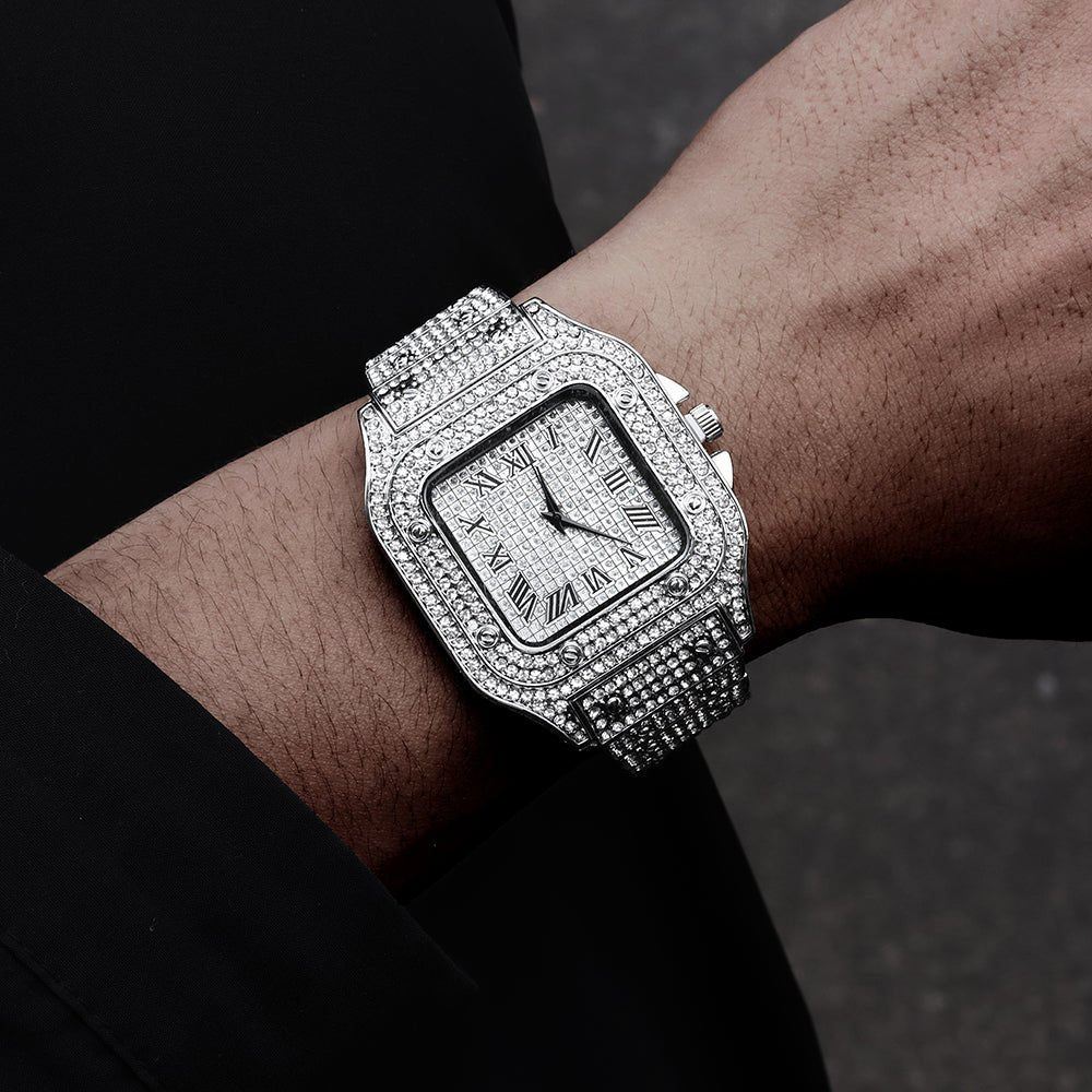 Men's Rhinestone Square Big Dial Hip Hop Watch Chain Bracelet Set - Samuels Jewelers