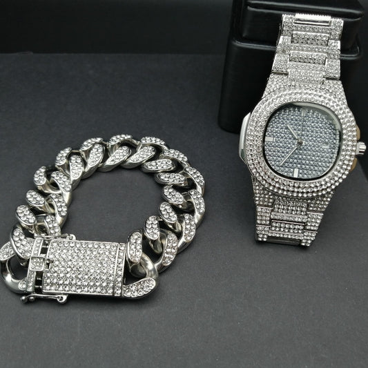 Luxury Gold Silver Watch & Bracelet Combo Watch Set Crystal Miami Ice Out Cuban Bracelet Chain Hip Hop Jewelry - Samuels Jewelers