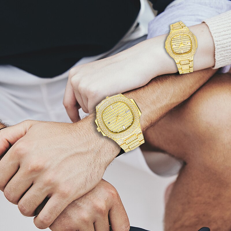 Top Luxury Brand Fashion 18K Gold Full Diamond Decorated Women's Men's Quartz Waterproof Ice Out Couple Watch Set - Samuels Jewelers