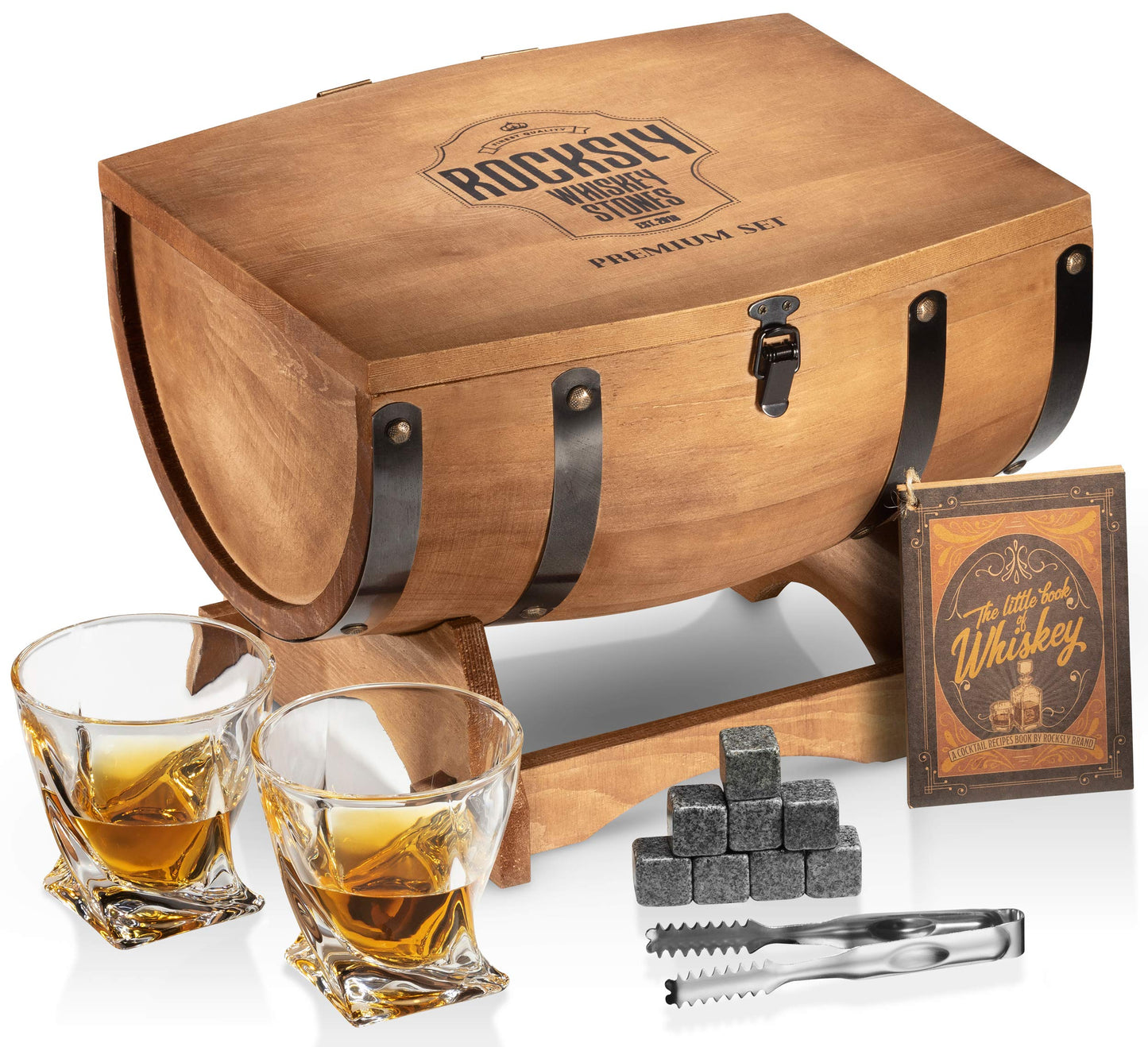 8 Whiskey Granite Stones 2 Whiskey Glasses Gift Set For Men In Whiskey Half Barrel Gift Box - Samuels Jewelers