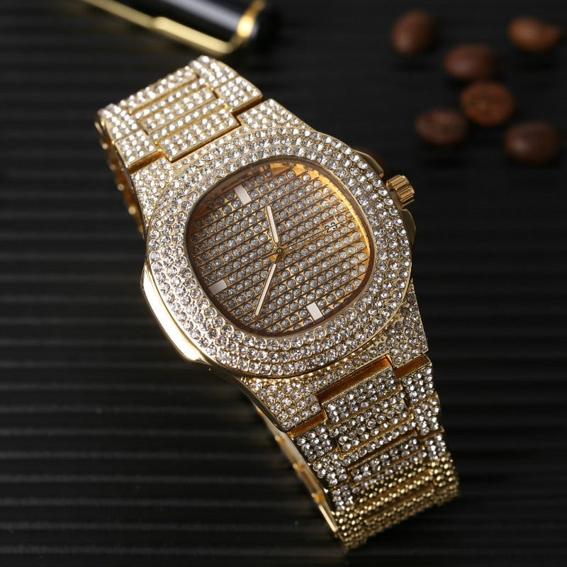 Luxury Men Gold Silver Color Watch Hip Hop Watch & Bracelet & Necklace Combo Set Ice Out Cuban Watch Hip Hop - Samuels Jewelers