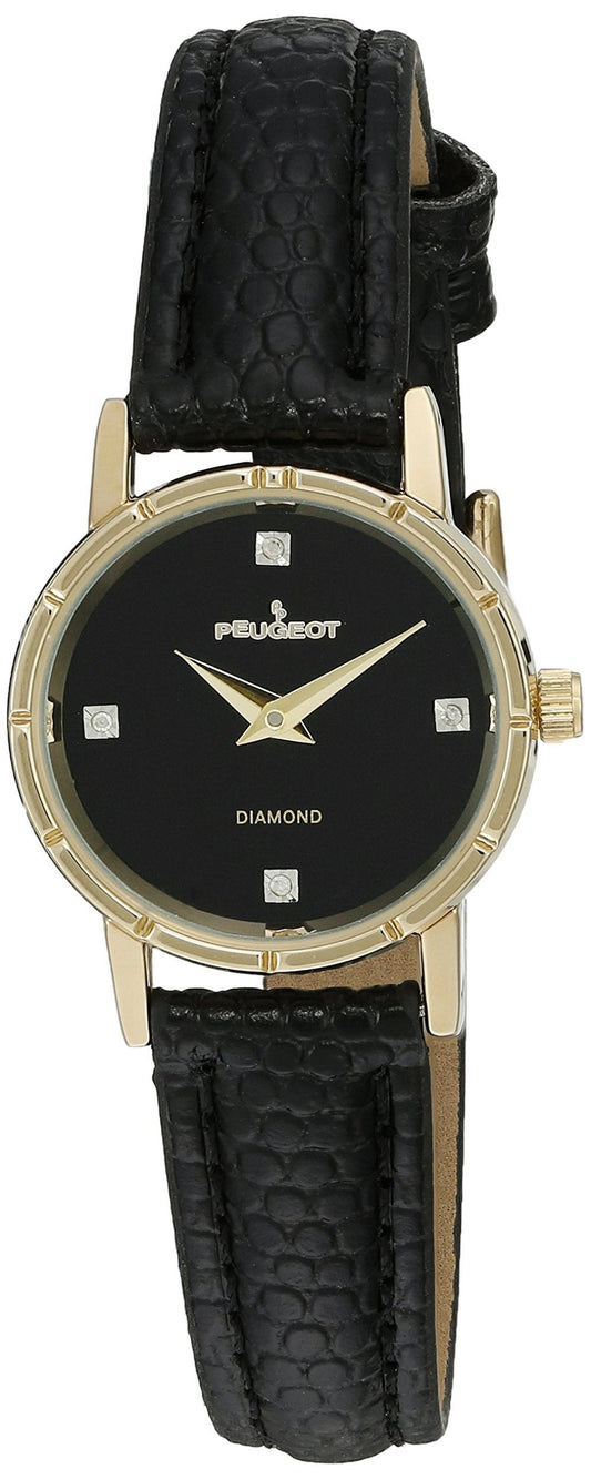 Peugeot Women's 14K Gold Plated Genuine Diamond Marker Black Face Leather Analog Display Analog Quartz - Samuels Jewelers