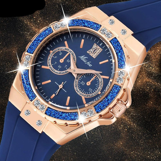 Watches Chronograph Rose Gold Sport Watch Ladies Diamond Blue Rubber - Samuels Jewelers