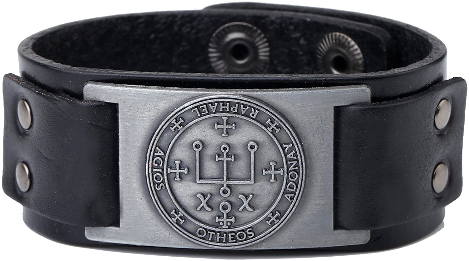 Vintage Solomon Sigil of Archangel Raphael Metal Craft Connector Enoch Talisman Cuff Leather Bracelet - Samuels Jewelers