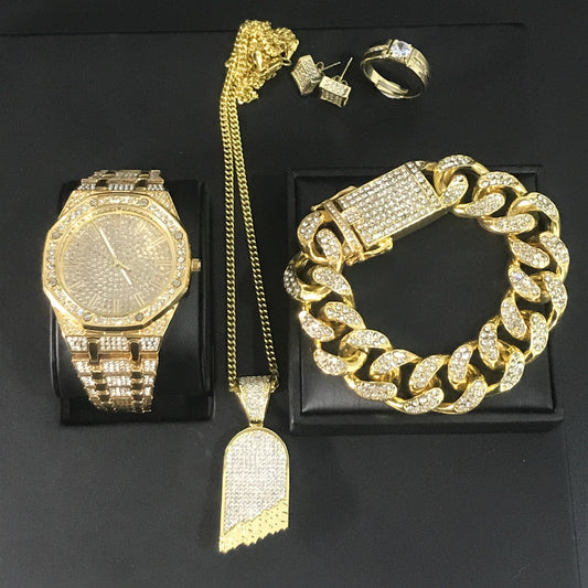 Luxury Hip Hop Watch Necklace Bracelet Ring Earring Combo Jewelry Set Ice Out Cuban Jewelry - Samuels Jewelers