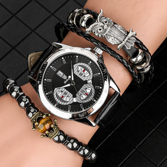 Elastic Bead Bracelet Braided Leather Chain Calendar Wristwatch - Samuels Jewelers