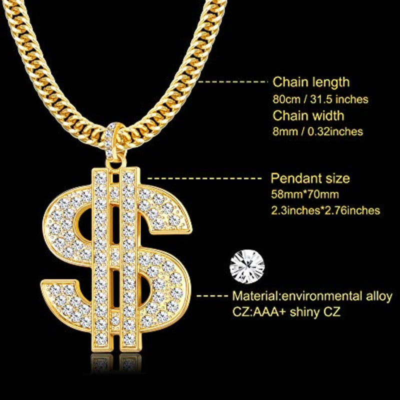 Set of 2. 18K Gold Plated Chain with Dollar Sign Pendant Necklace Old School Hip Hop Rotatable Dollar Necklace 80s 90s Rapper Costume - Samuels Jewelers