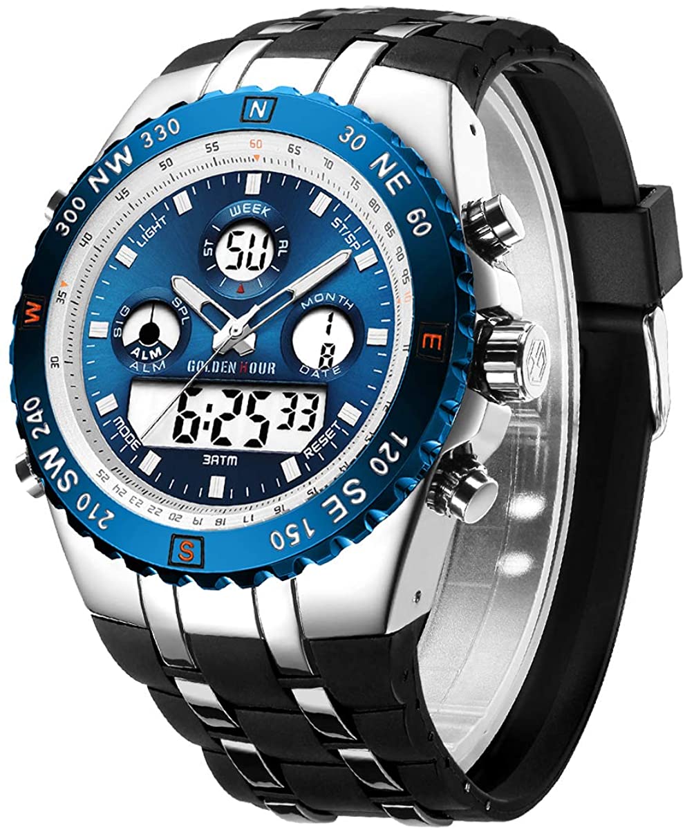 Huge Face Military Sports Wrist Watches Waterproof, Stopwatch, Date and Date, Alarm, Luminous Digital Analog Rubber Band - Samuels Jewelers
