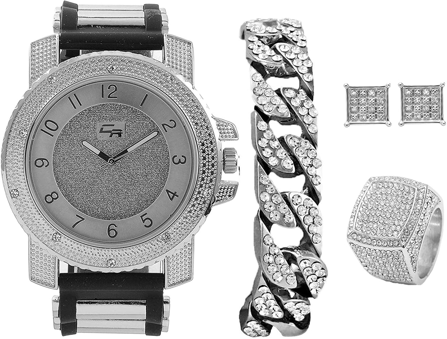 Bling-end Out Hip Hop Watch & Jewelry Set w/Cuban Chain Bracelet, Kite Bling Earrings & Ring - Samuels Jewelers