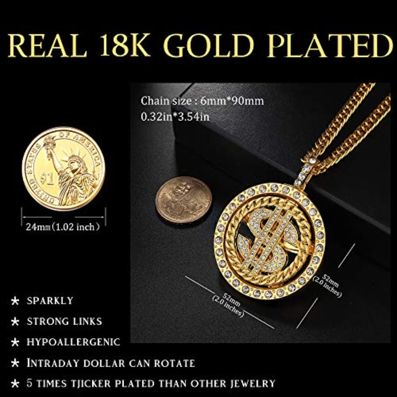 Set of 2. 18K Gold Plated Chain with Dollar Sign Pendant Necklace Old School Hip Hop Rotatable Dollar Necklace 80s 90s Rapper Costume - Samuels Jewelers