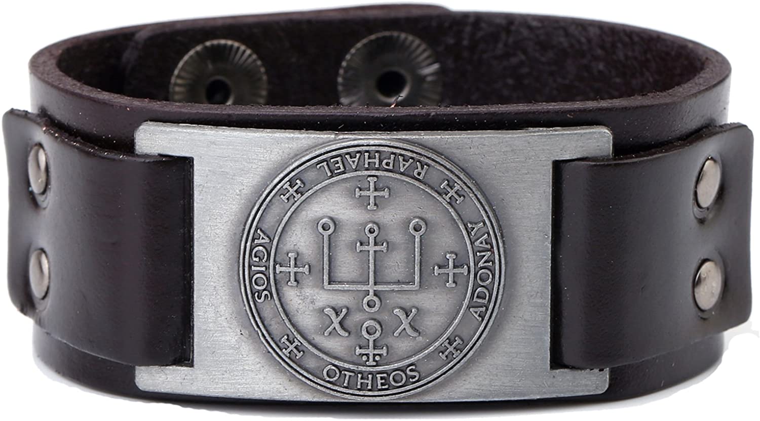 Vintage Solomon Sigil of Archangel Raphael Metal Craft Connector Enoch Talisman Cuff Leather Bracelet - Samuels Jewelers