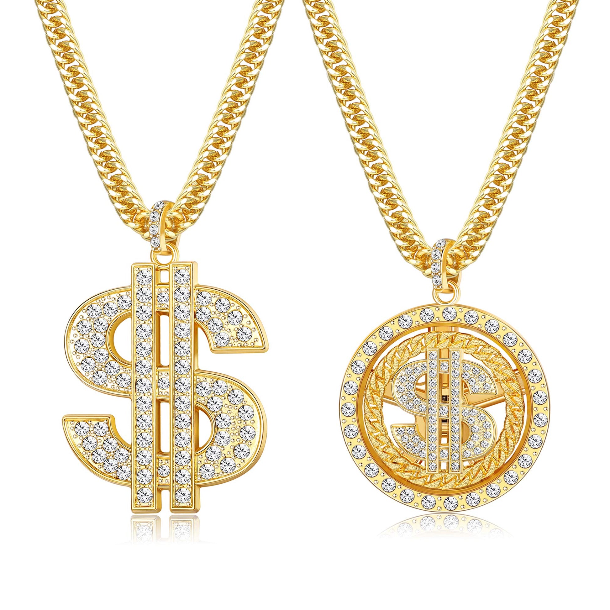 Set of 2. 18K Gold Plated Chain with Dollar Sign Pendant Necklace Old School Hip Hop Rotatable Dollar Necklace 80s 90s Rapper Costume - Samuels Jewelers