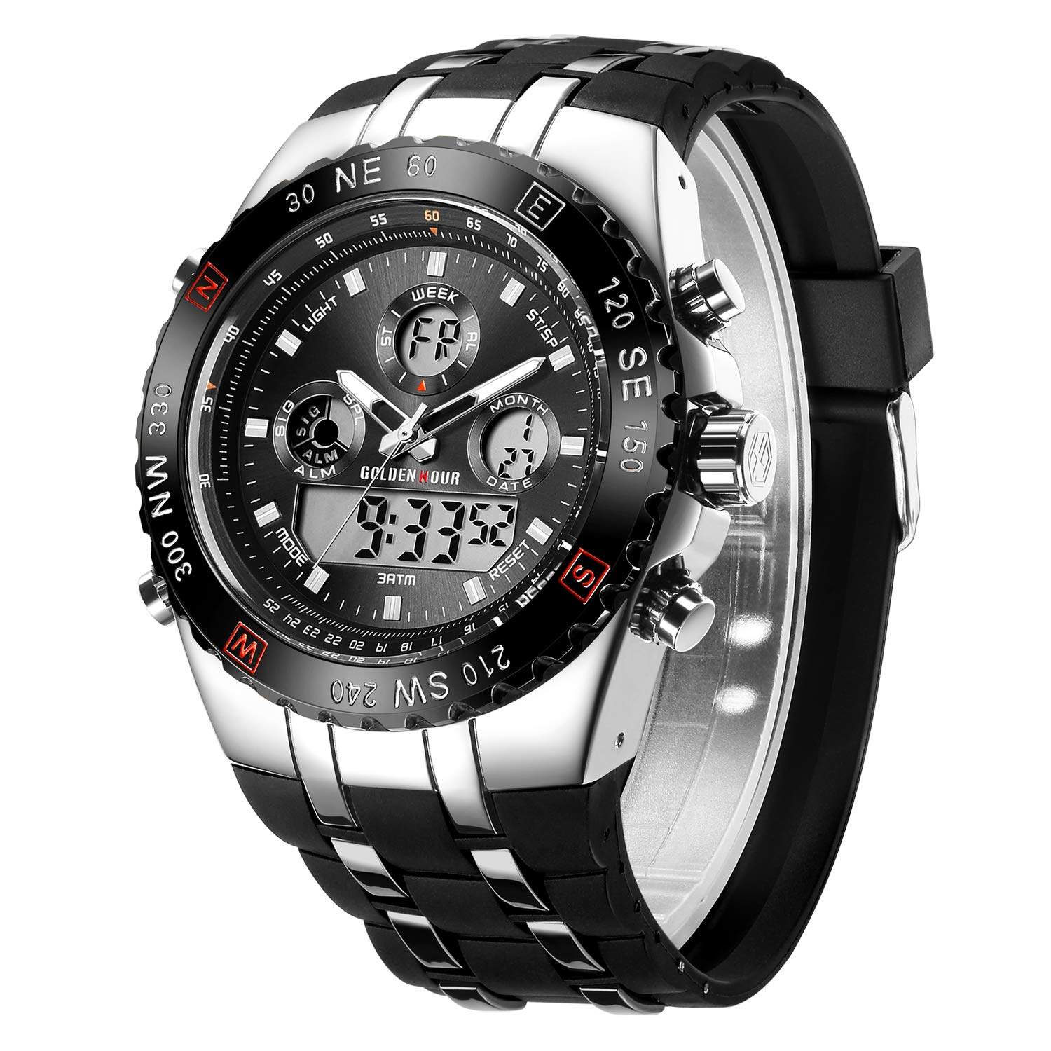 Huge Face Military Sports Wrist Watches Waterproof, Stopwatch, Date and Date, Alarm, Luminous Digital Analog Rubber Band - Samuels Jewelers