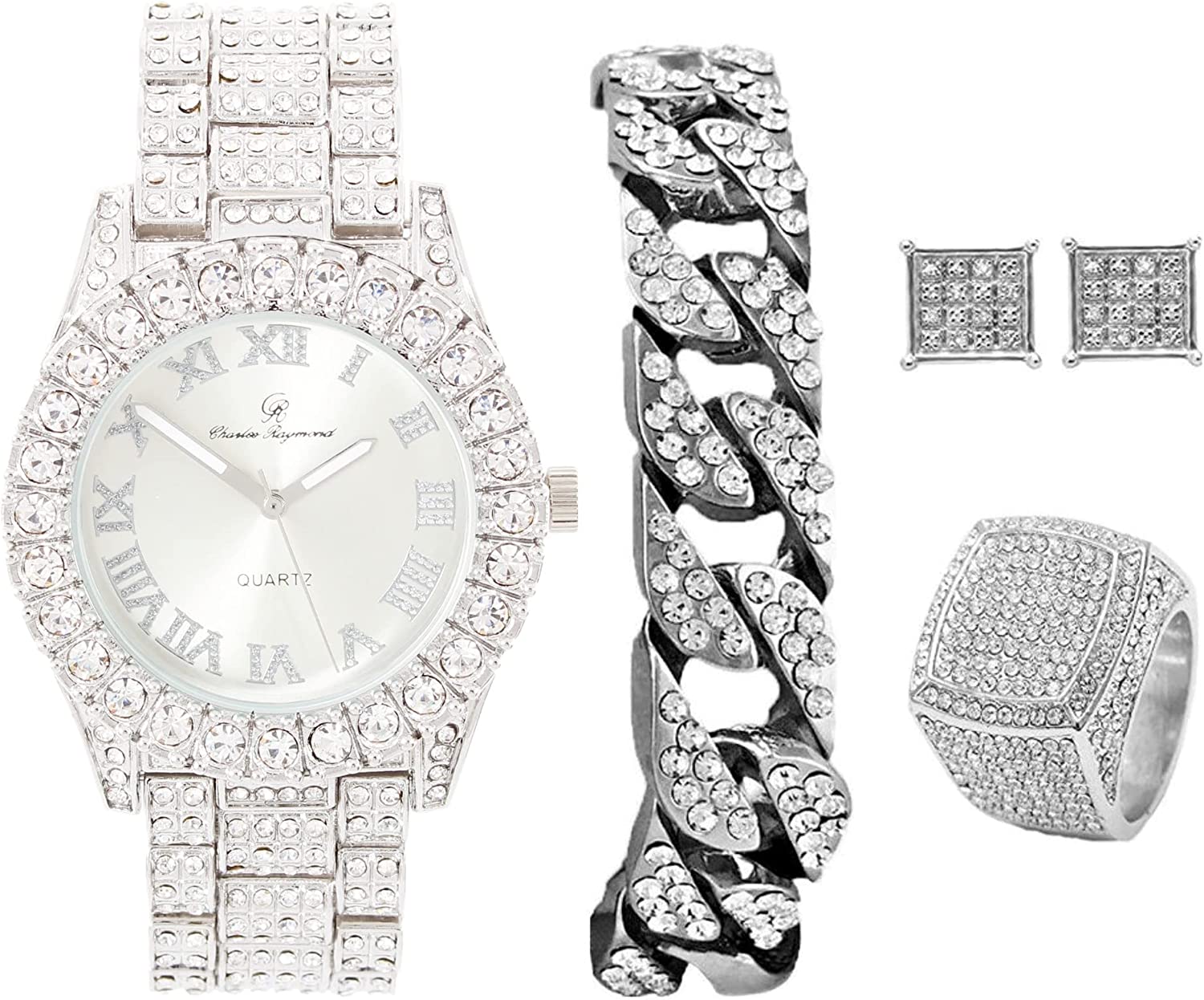 Bling-end Out Hip Hop Watch & Jewelry Set w/Cuban Chain Bracelet, Kite Bling Earrings & Ring - Samuels Jewelers