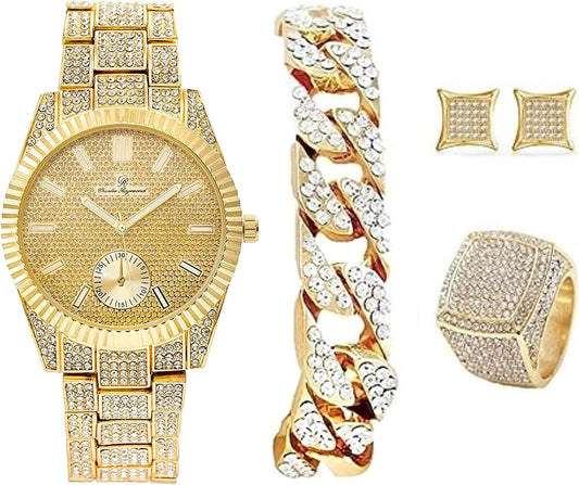 Bling-end Out Hip Hop Watch & Jewelry Set w/Cuban Chain Bracelet, Kite Bling Earrings & Ring - Samuels Jewelers