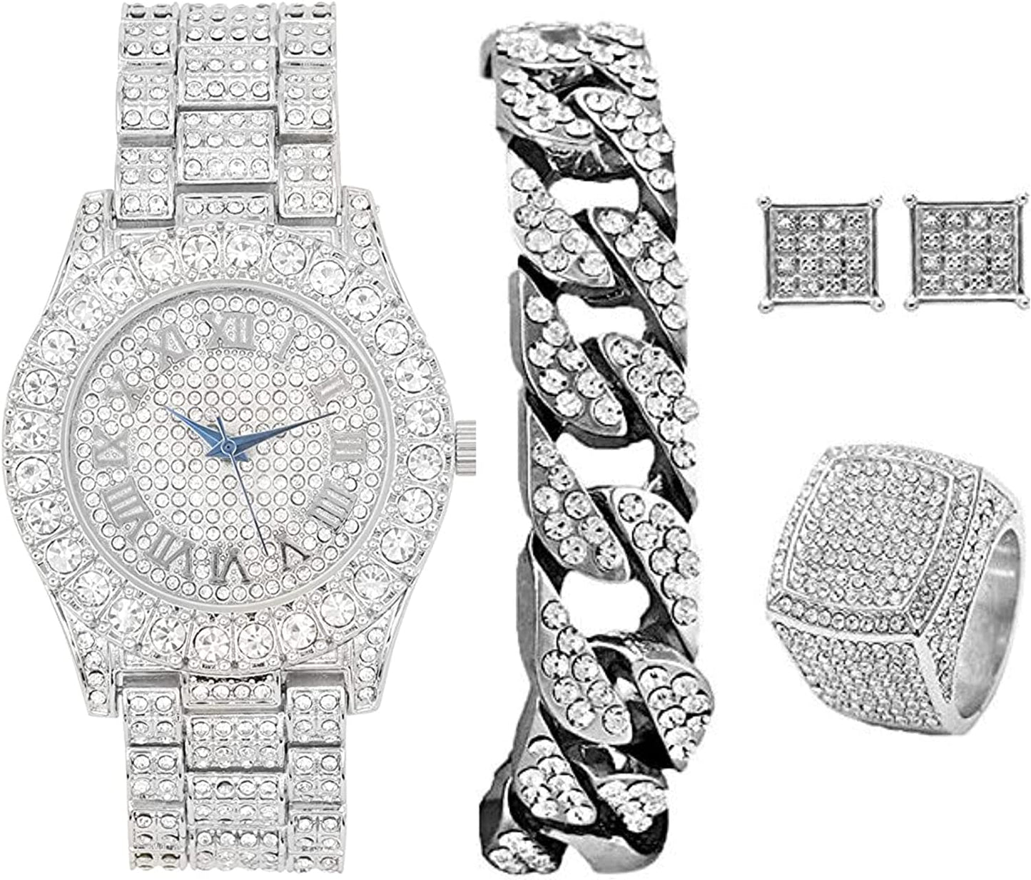 Bling-end Out Hip Hop Watch & Jewelry Set w/Cuban Chain Bracelet, Kite Bling Earrings & Ring - Samuels Jewelers
