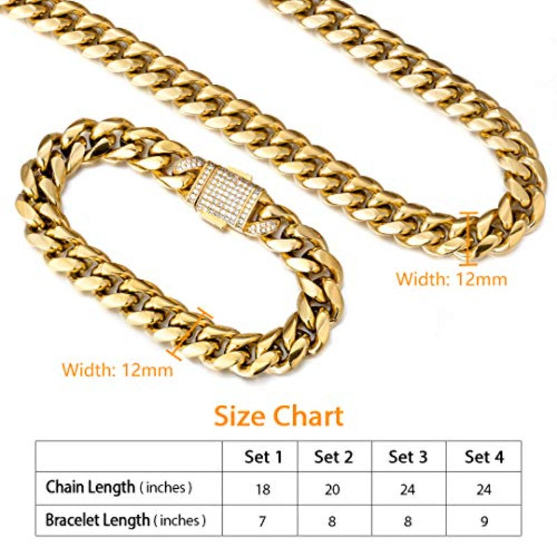5" Width 18K Gold Miami Cuban Link Chain Set Iced Out Curb Chain and Bracelet Set - Samuels Jewelers