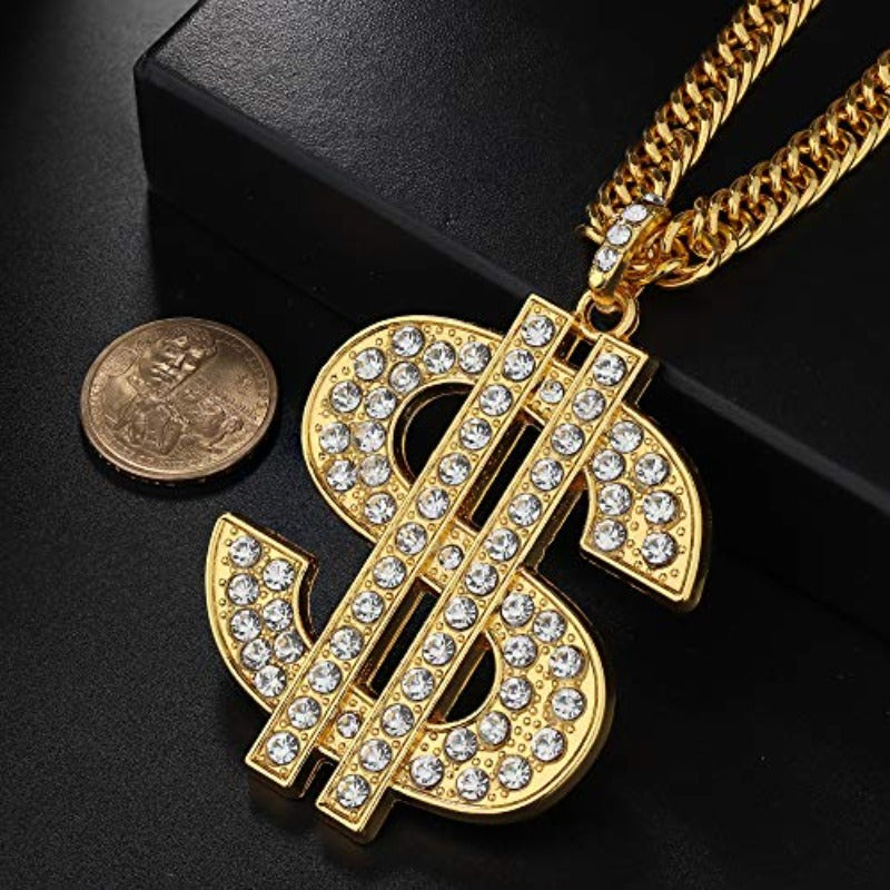 Set of 2. 18K Gold Plated Chain with Dollar Sign Pendant Necklace Old School Hip Hop Rotatable Dollar Necklace 80s 90s Rapper Costume - Samuels Jewelers