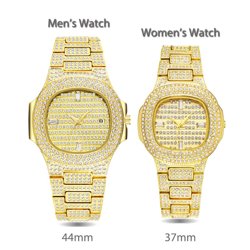 Top Luxury Brand Fashion 18K Gold Full Diamond Decorated Women's Men's Quartz Waterproof Ice Out Couple Watch Set - Samuels Jewelers