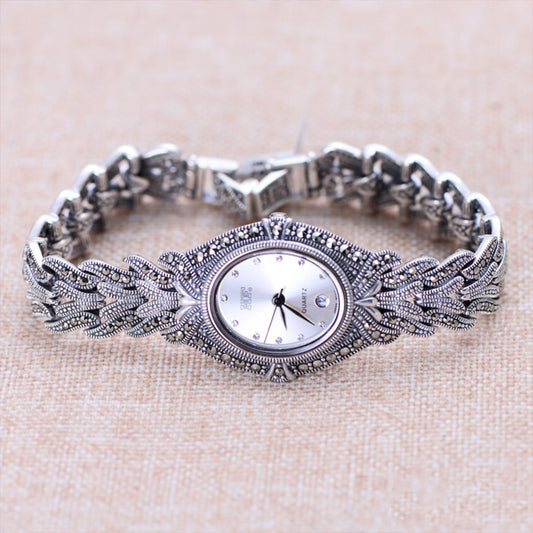 Silver Bracelet Watch with Zircon Solid 925 Sterling Silver Bracelet Quartz Watch - Samuels Jewelers