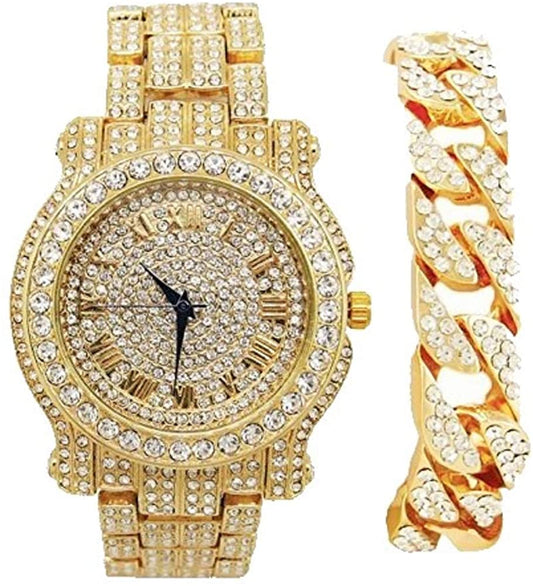 Bling-ed Out Round Luxury Watch Bracelet Cuban Set - Samuels Jewelers