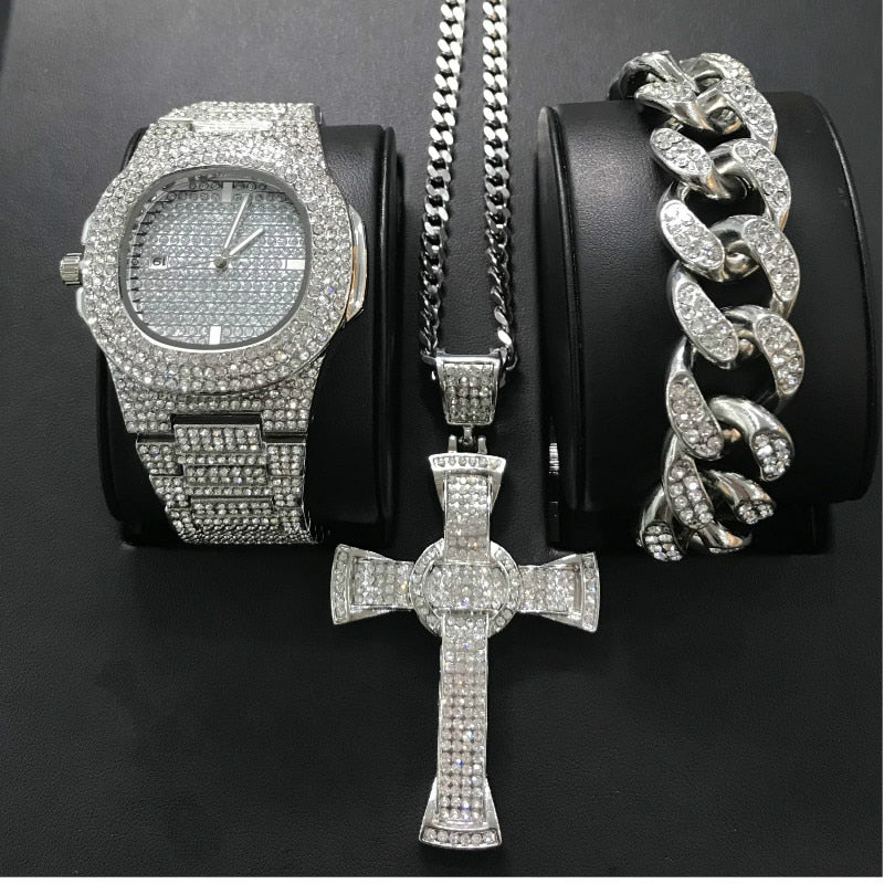 Luxury Men Gold Silver Color Watch Hip Hop Watch & Bracelet & Necklace Combo Set Ice Out Cuban Watch Hip Hop - Samuels Jewelers