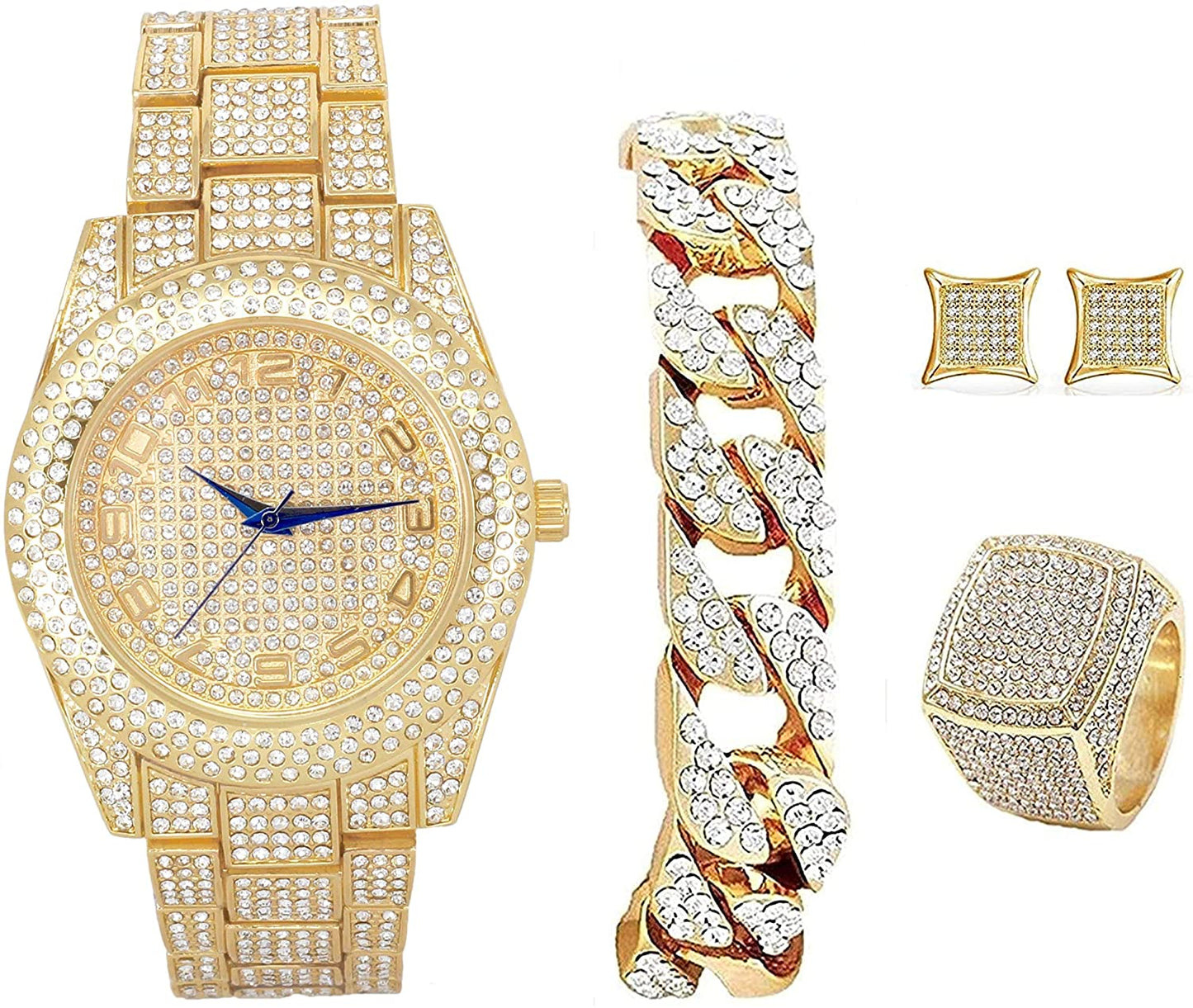 Bling-end Out Hip Hop Watch & Jewelry Set w/Cuban Chain Bracelet, Kite Bling Earrings & Ring - Samuels Jewelers