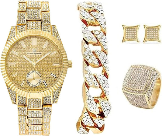 Bling - end Out Hip Hop Watch & Jewelry Set w/Cuban Chain Bracelet, Kite Bling Earrings & Ring - Samuels Jewelers