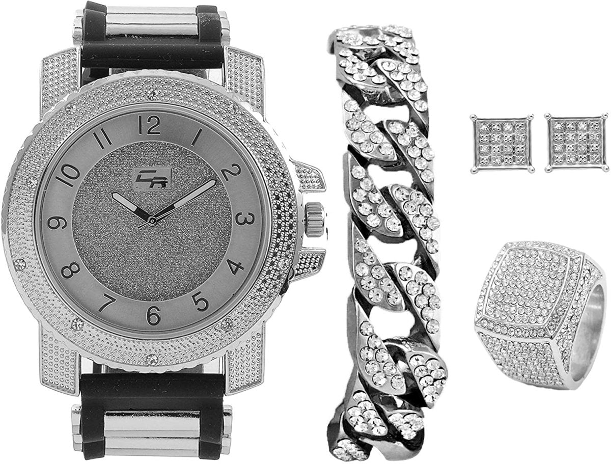 Bling - end Out Hip Hop Watch & Jewelry Set w/Cuban Chain Bracelet, Kite Bling Earrings & Ring - Samuels Jewelers